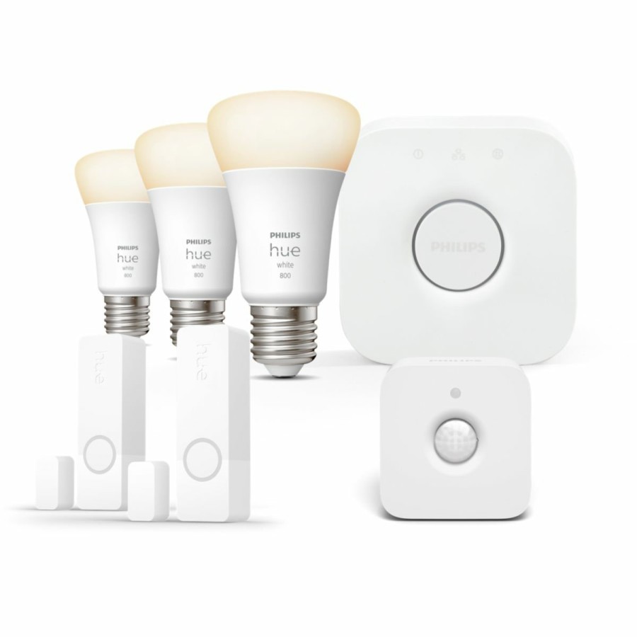 Intelligent belysning Philips Hue | Bundle: 2 X Secure Kontaktsensorer + Motion Sensor + 3 X White E27 Paerer + Bridge